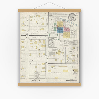 Old map wall art mockup — magnetic wood frame on white wall — Sanborn Fire Insurance Map from Ada, Norman County, Minnesota (1916), Sheet #0001