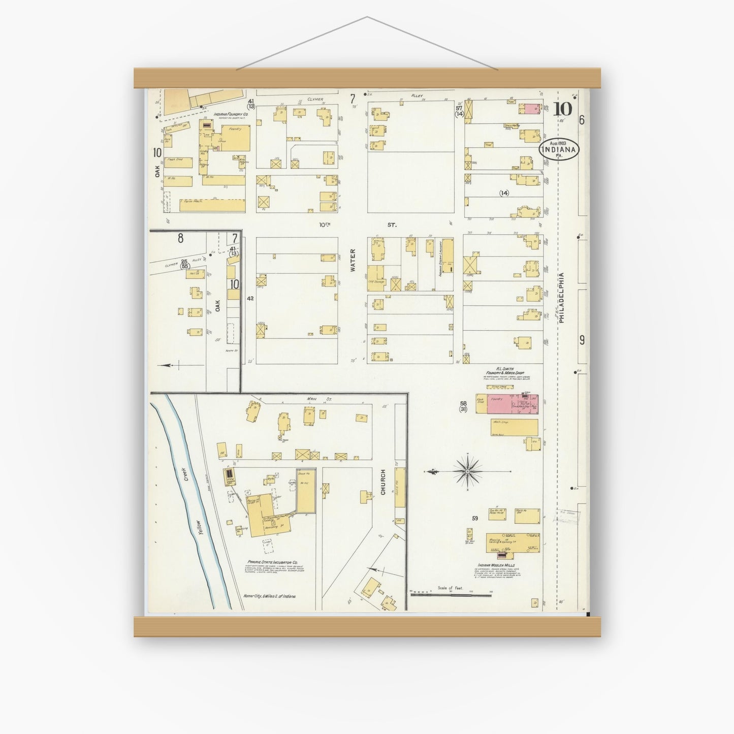 Old map wall art mockup — magnetic wood frame on white wall — Sanborn Fire Insurance Map from Indiana, Indiana County, Pennsylvania (1903), Sheet #0010