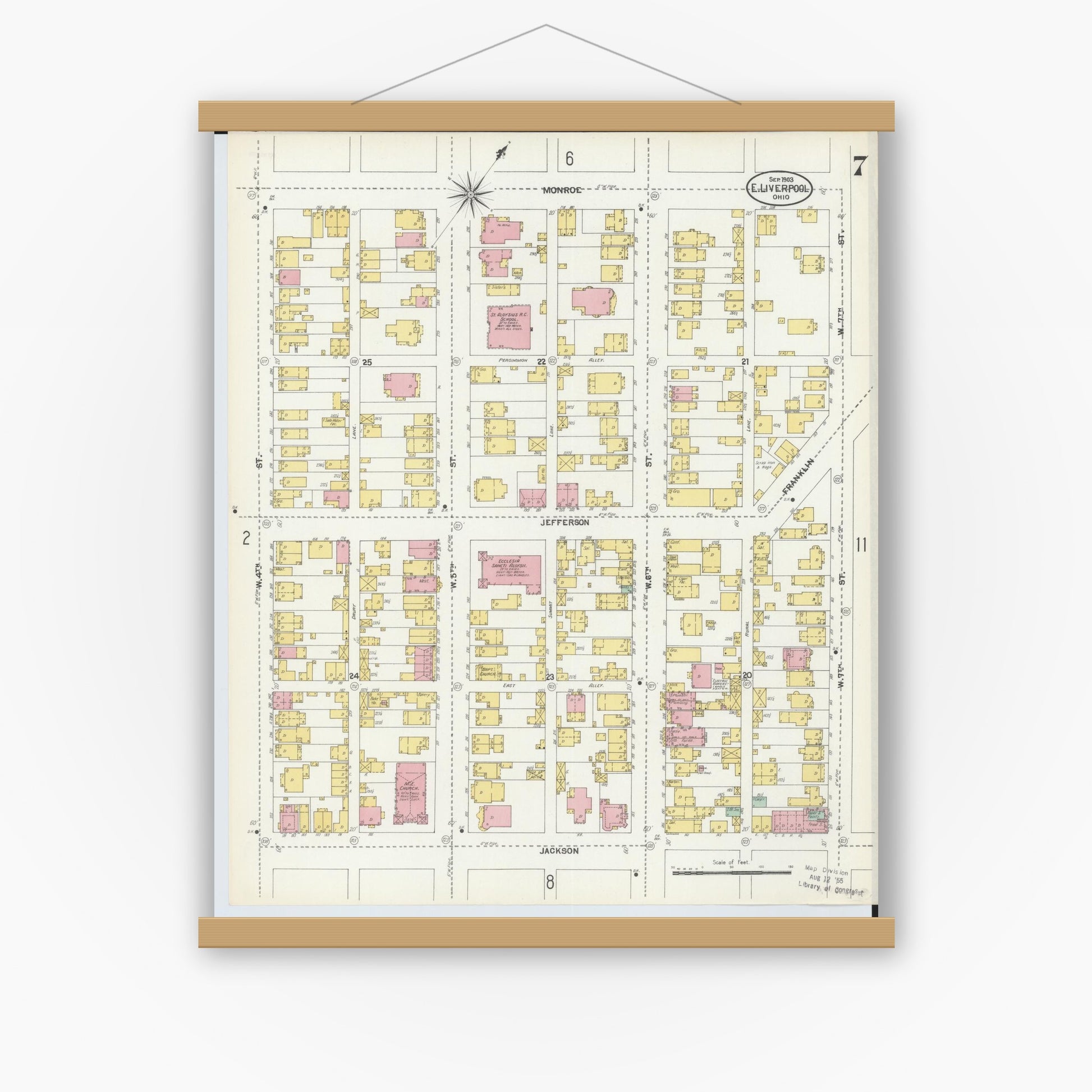 Old map wall art mockup — magnetic wood frame on white wall — Sanborn Fire Insurance Map from East Liverpool, Columbiana County, Ohio (1903), Sheet #0007