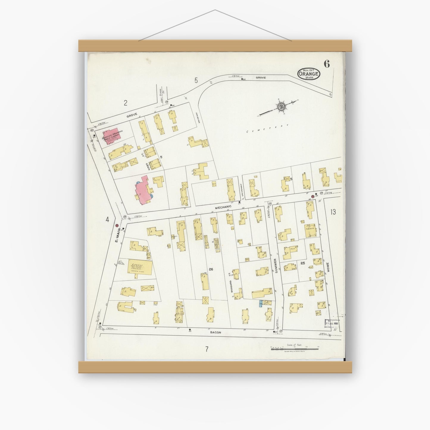 Old map wall art mockup — magnetic wood frame on white wall — Sanborn Fire Insurance Map from Orange, Franklin County, Massachusetts (1917), Sheet #0006