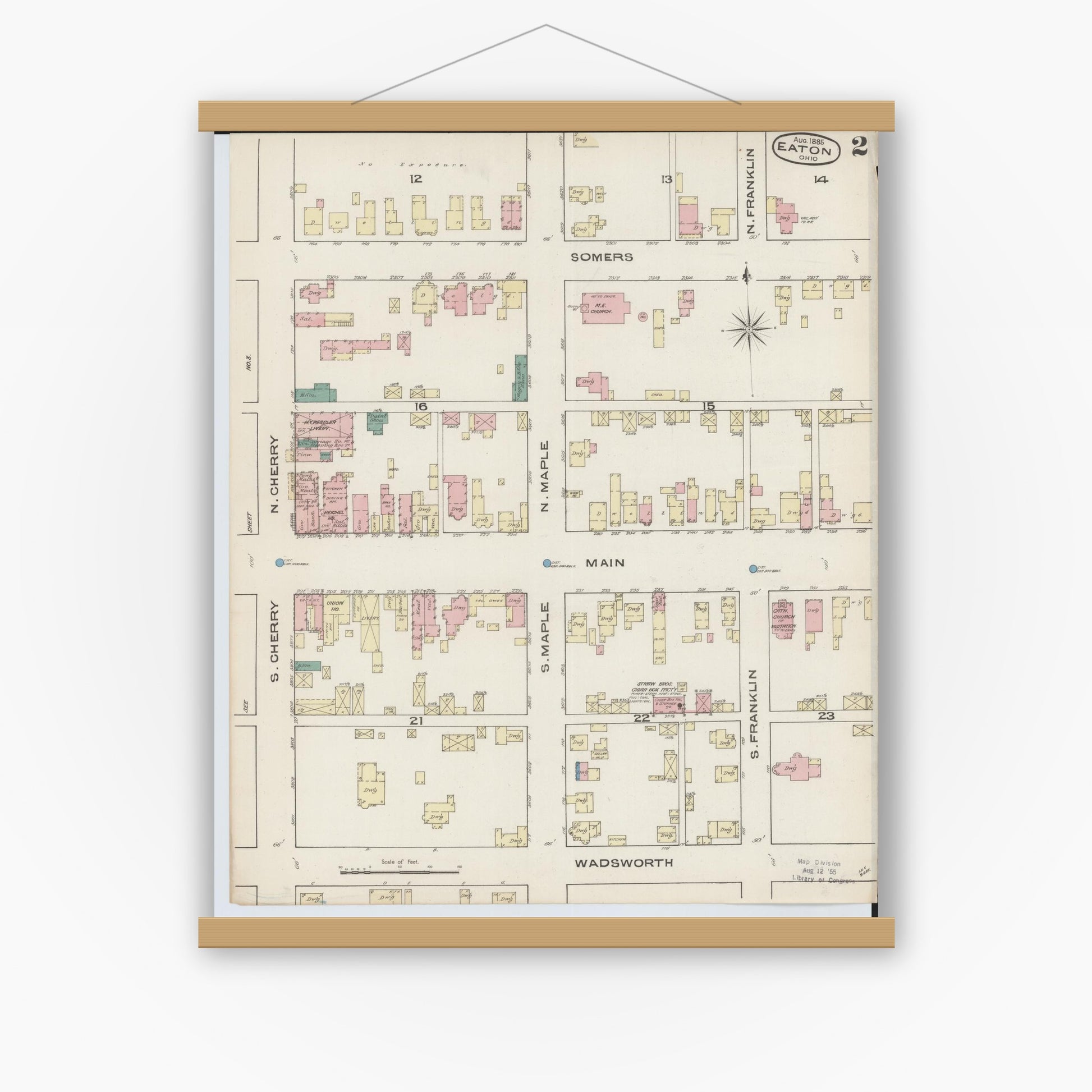 Old map wall art mockup — magnetic wood frame on white wall — Sanborn Fire Insurance Map from Eaton, Preble County, Ohio (1885), Sheet #0002