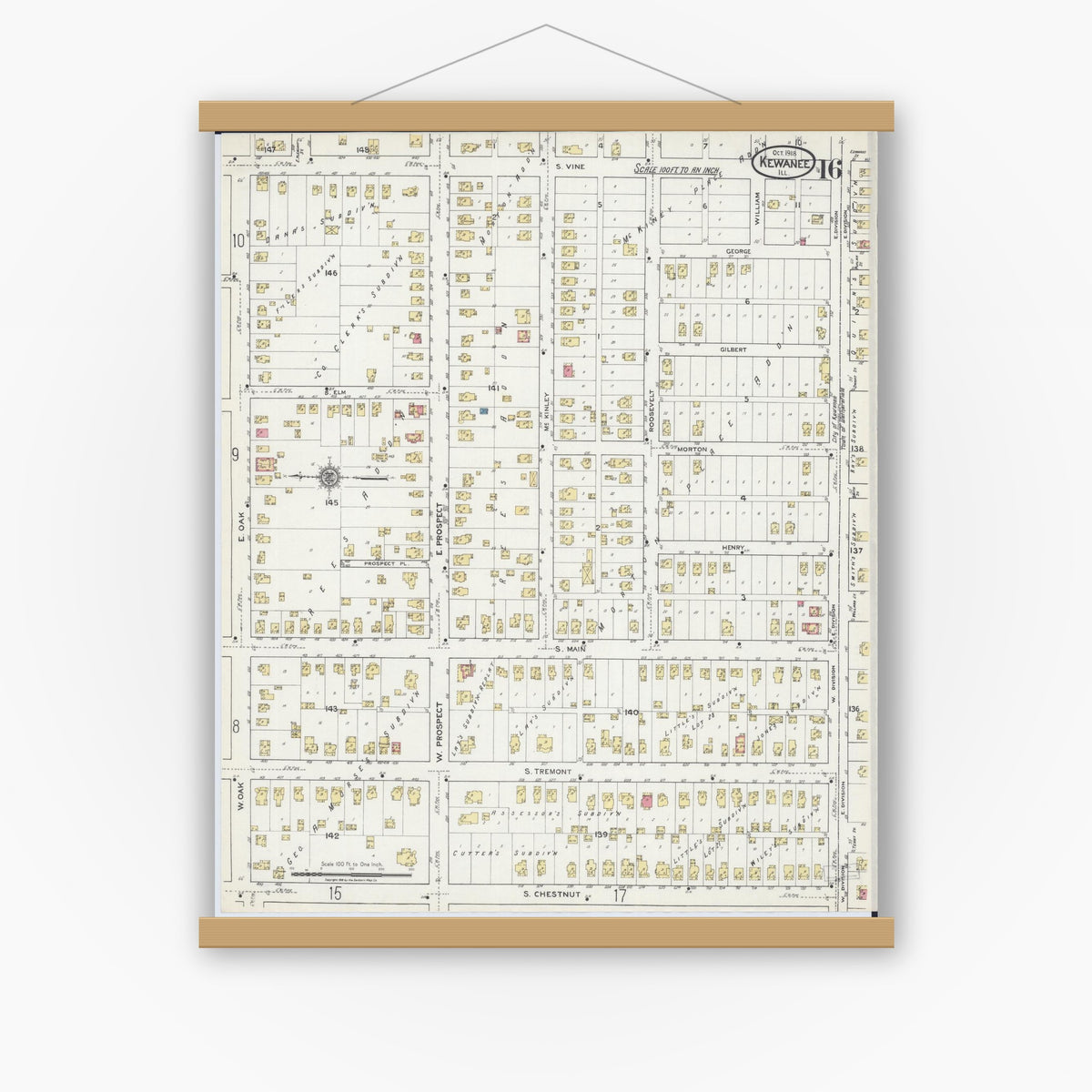 Old map wall art mockup — magnetic wood frame on white wall — Sanborn Fire Insurance Map from Kewanee, Henry County, Illinois (1918), Sheet #0016