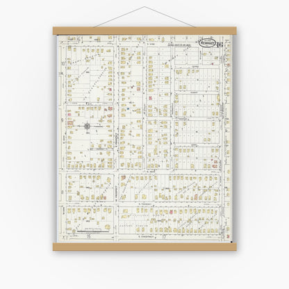 Old map wall art mockup — magnetic wood frame on white wall — Sanborn Fire Insurance Map from Kewanee, Henry County, Illinois (1918), Sheet #0016