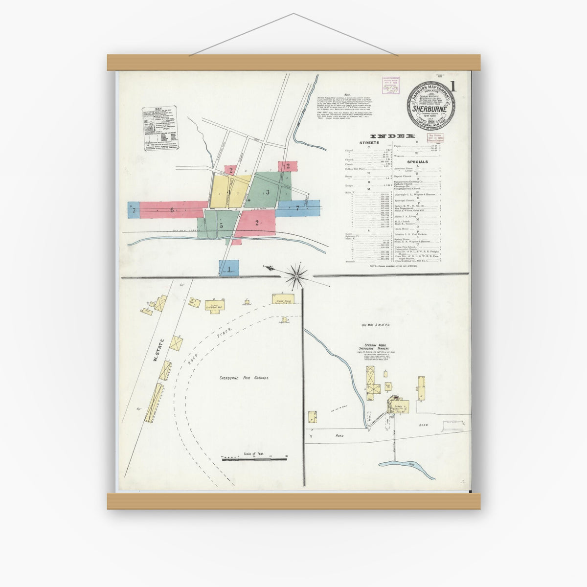 Old map wall art mockup — magnetic wood frame on white wall — Sanborn Fire Insurance Map from Sherburne, Chenango County, New York (1906) - Complete Map Set