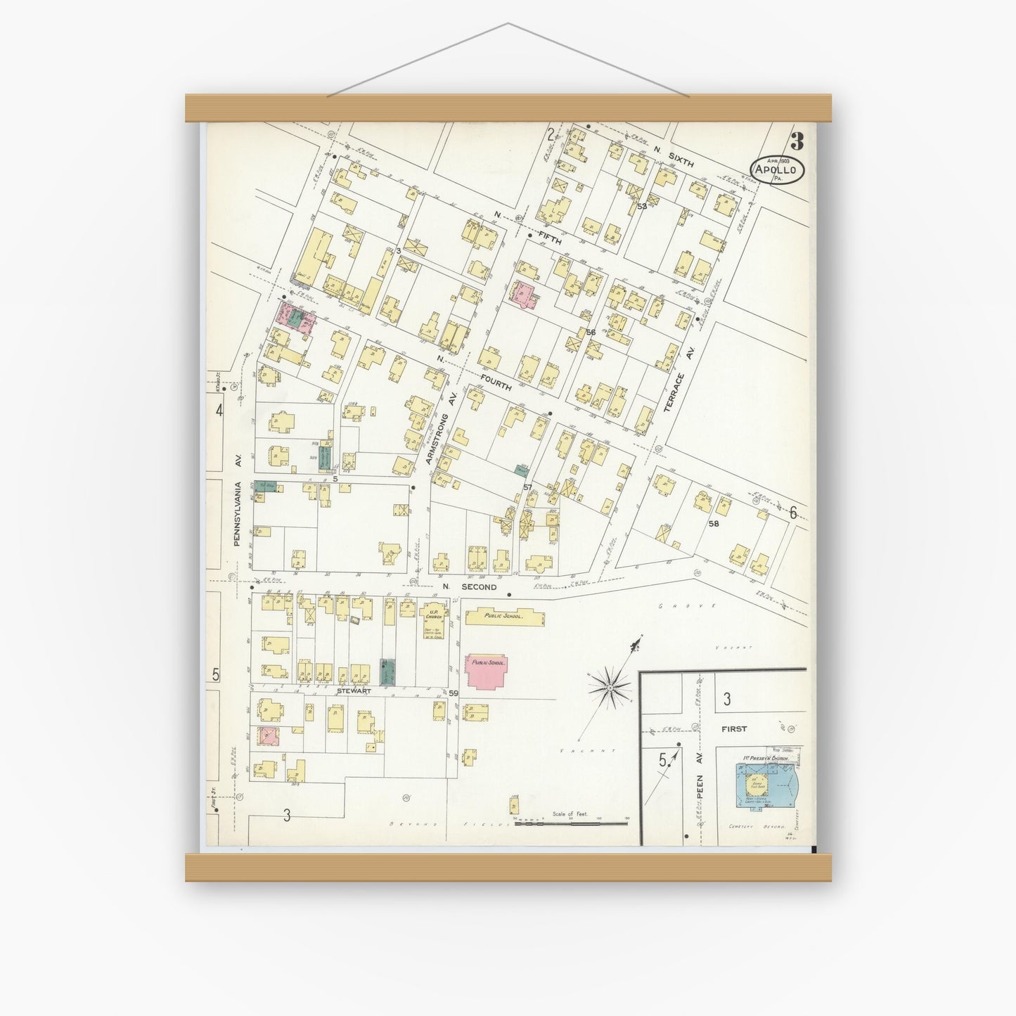 Old map wall art mockup — magnetic wood frame on white wall — Sanborn Fire Insurance Map from Apollo, Armstrong County, Pennsylvania (1909), Sheet #0003