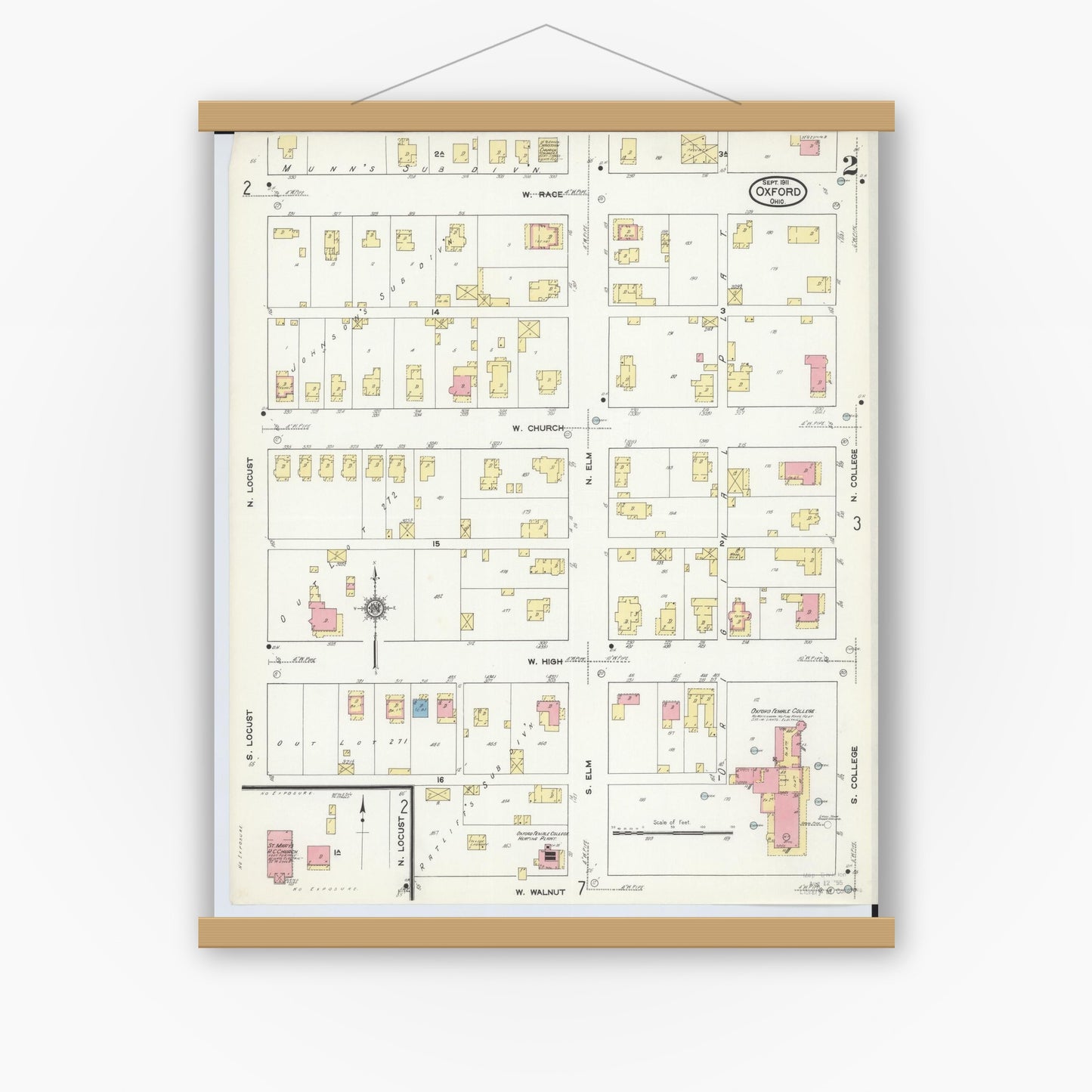 Old map wall art mockup — magnetic wood frame on white wall — Sanborn Fire Insurance Map from Oxford, Butler County, Ohio (1911), Sheet #0002