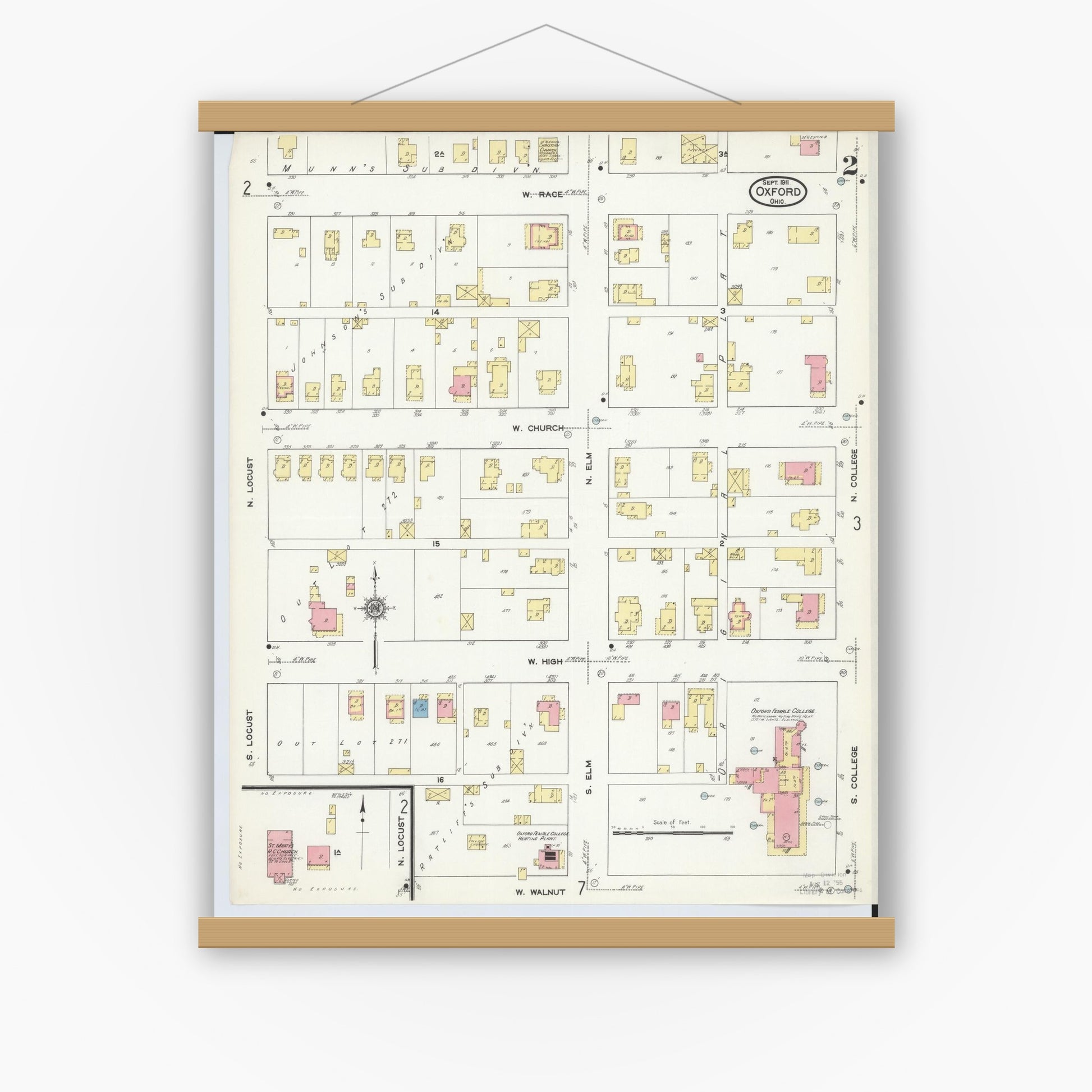 Old map wall art mockup — magnetic wood frame on white wall — Sanborn Fire Insurance Map from Oxford, Butler County, Ohio (1911), Sheet #0002