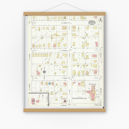 Old map wall art mockup — magnetic wood frame on white wall — Sanborn Fire Insurance Map from Oxford, Butler County, Ohio (1911), Sheet #0002