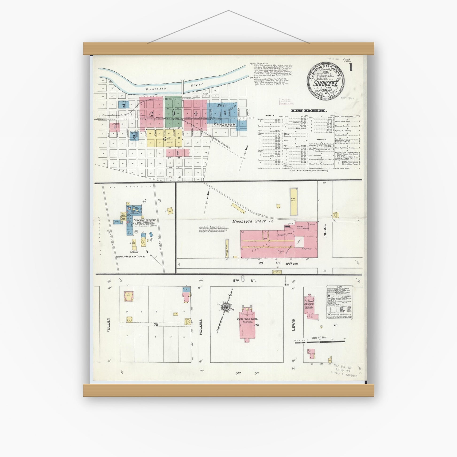 Old map wall art mockup — magnetic wood frame on white wall — Sanborn Fire Insurance Map from Shakopee, Scott County, Minnesota (1910), Sheet #0001