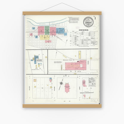 Old map wall art mockup — magnetic wood frame on white wall — Sanborn Fire Insurance Map from Shakopee, Scott County, Minnesota (1910), Sheet #0001
