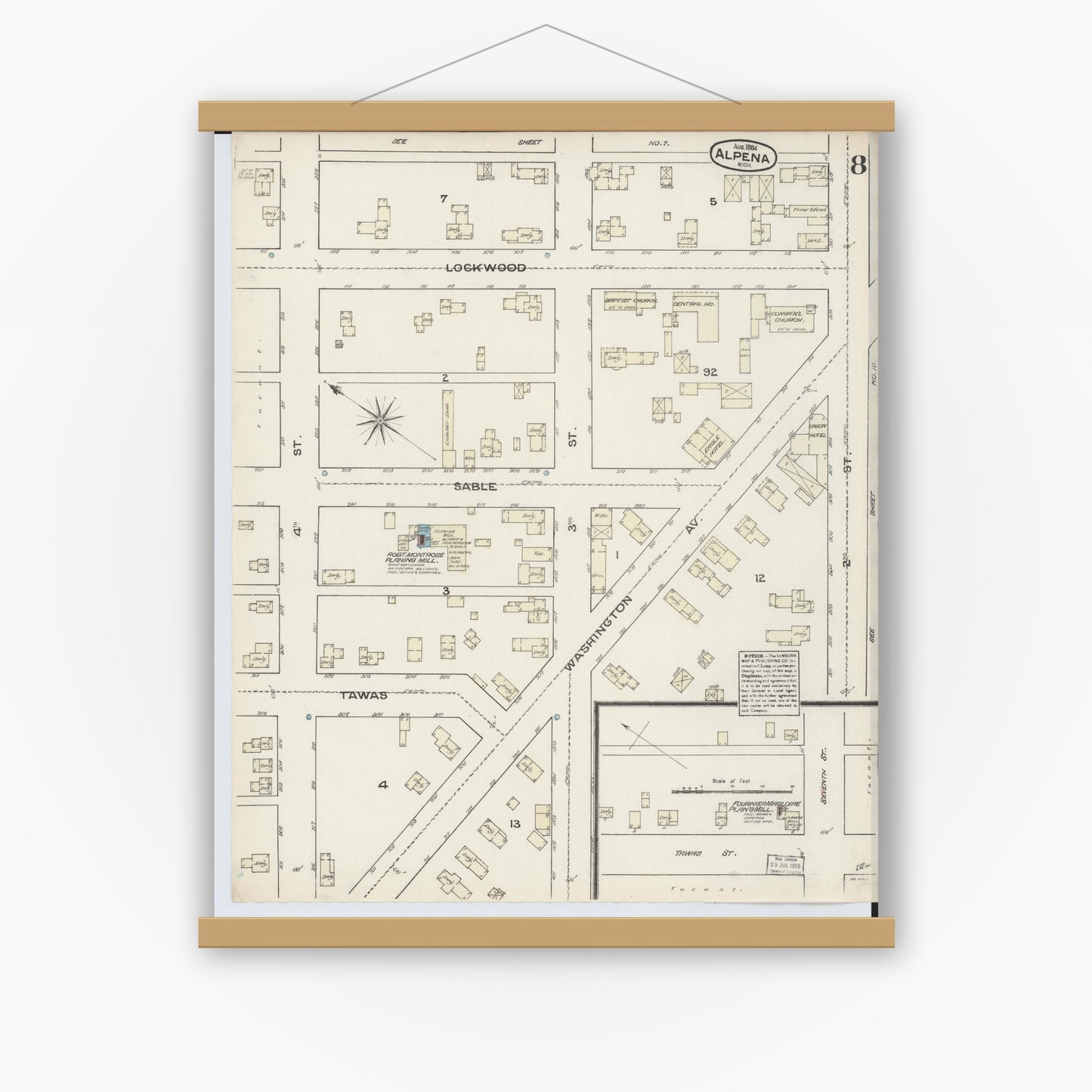 Old map wall art mockup — magnetic wood frame on white wall — Sanborn Fire Insurance Map from Alpena, Alpena County, Michigan (1884), Sheet #0008