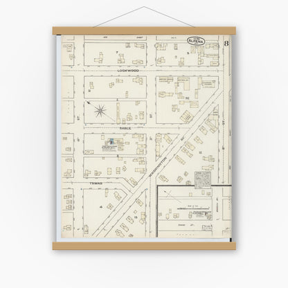 Old map wall art mockup — magnetic wood frame on white wall — Sanborn Fire Insurance Map from Alpena, Alpena County, Michigan (1884), Sheet #0008