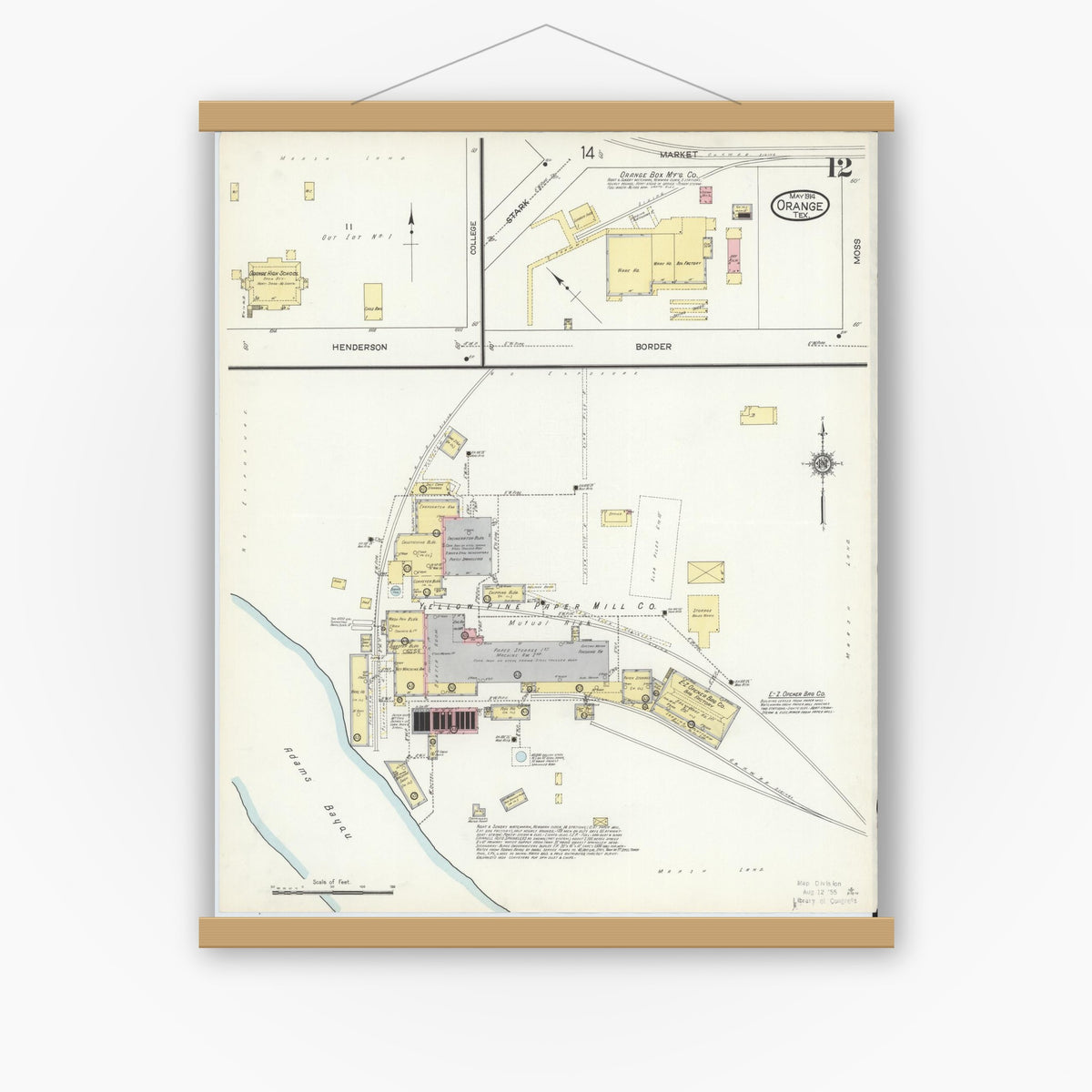 Old map wall art mockup — magnetic wood frame on white wall — Sanborn Fire Insurance Map from Orange, Orange County, Texas (1914), Sheet #0012