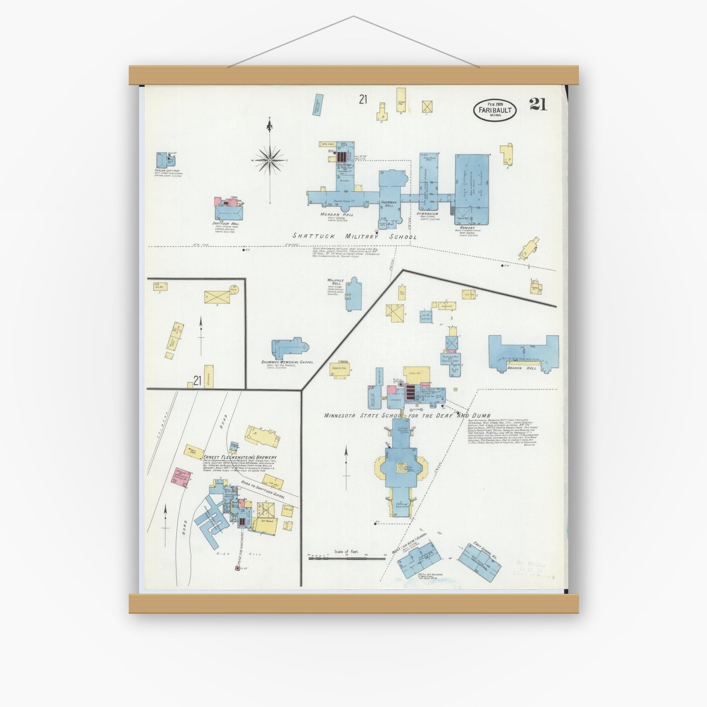 Old map wall art mockup — magnetic wood frame on white wall — Sanborn Fire Insurance Map from Faribault, Rice County, Minnesota (1909), Sheet #0021
