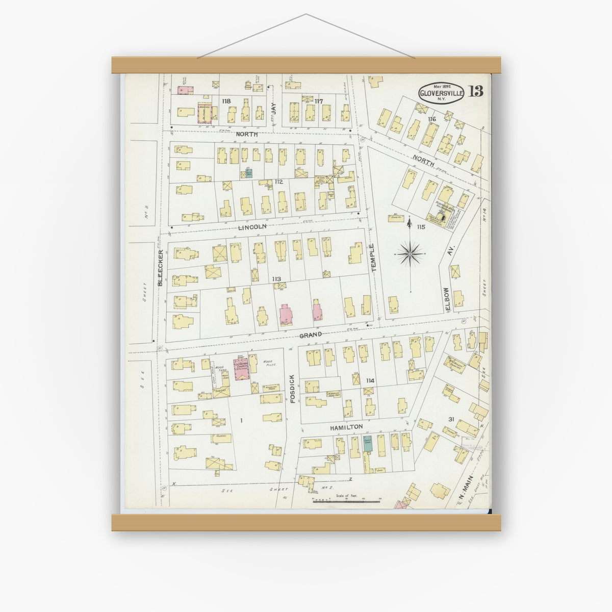 Old map wall art mockup — magnetic wood frame on white wall — Sanborn Fire Insurance Map from Gloversville, Fulton County, New York (1892), Sheet #0013