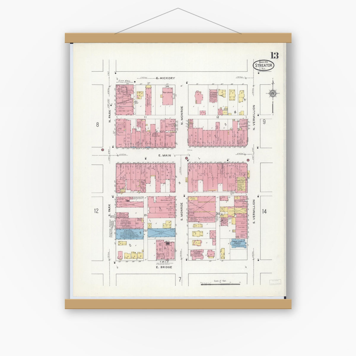 Old map wall art mockup — magnetic wood frame on white wall — Sanborn Fire Insurance Map from Streator, La Salle County, Illinois (1916), Sheet #0013