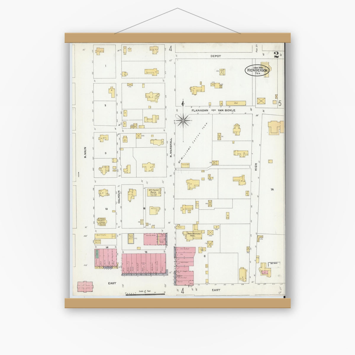 Old map wall art mockup — magnetic wood frame on white wall — Sanborn Fire Insurance Map from Henderson, Rusk County, Texas (1906), Sheet #0002
