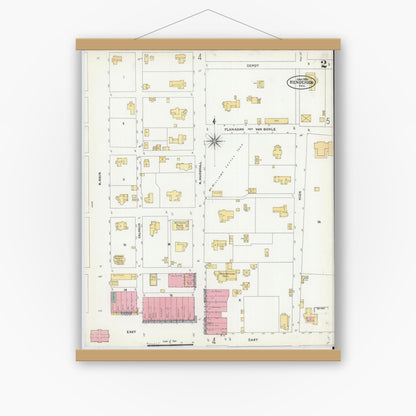 Old map wall art mockup — magnetic wood frame on white wall — Sanborn Fire Insurance Map from Henderson, Rusk County, Texas (1906), Sheet #0002
