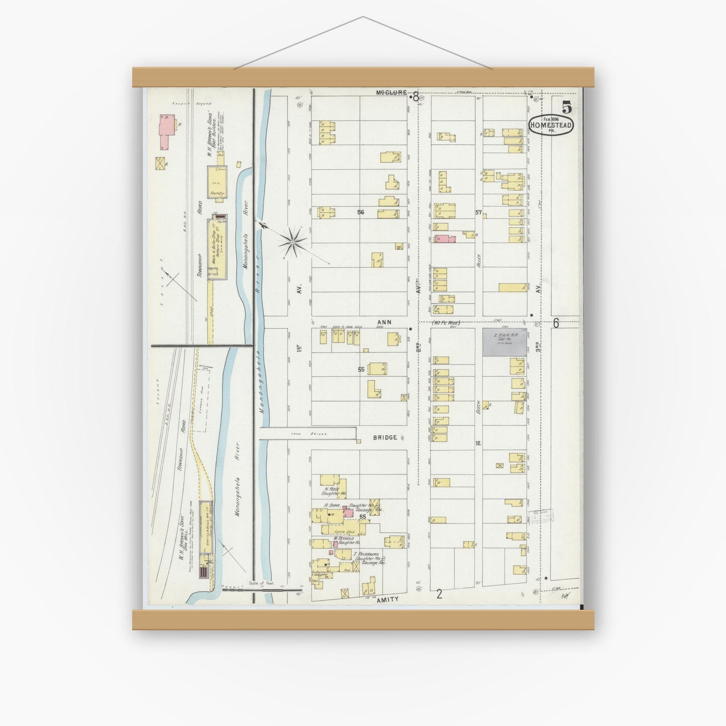 Old map wall art mockup — magnetic wood frame on white wall — Sanborn Fire Insurance Map from Homestead, Allegheny County, Pennsylvania (1896), Sheet #0005