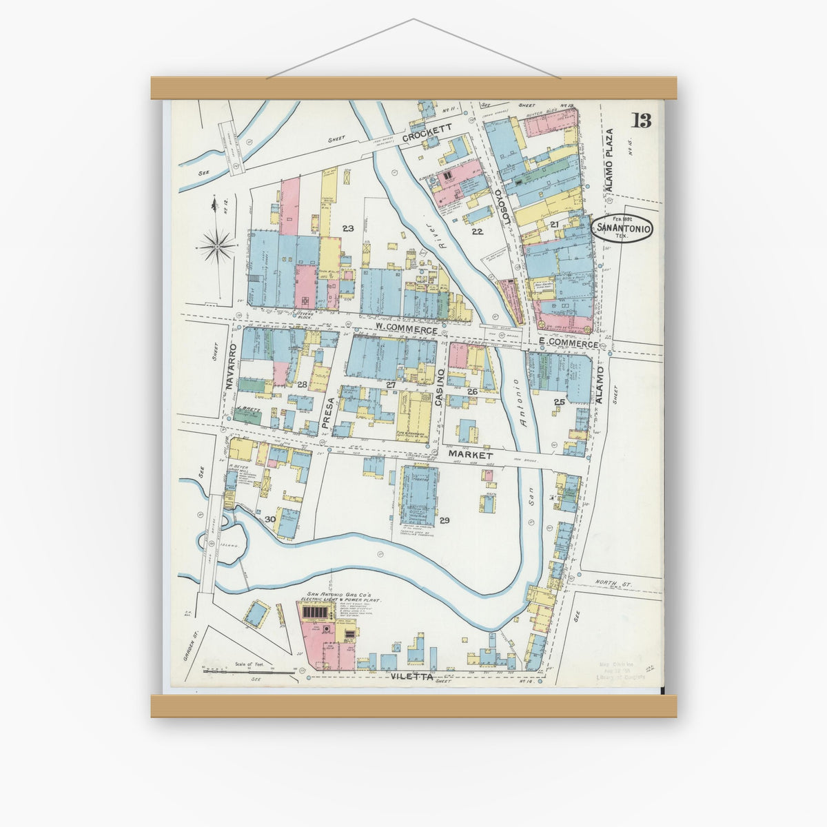 Old map wall art mockup — magnetic wood frame on white wall — Sanborn Fire Insurance Map from San Antonio, Bexar County, Texas (1892), Sheet #0013
