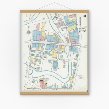 Old map wall art mockup — magnetic wood frame on white wall — Sanborn Fire Insurance Map from San Antonio, Bexar County, Texas (1892), Sheet #0013