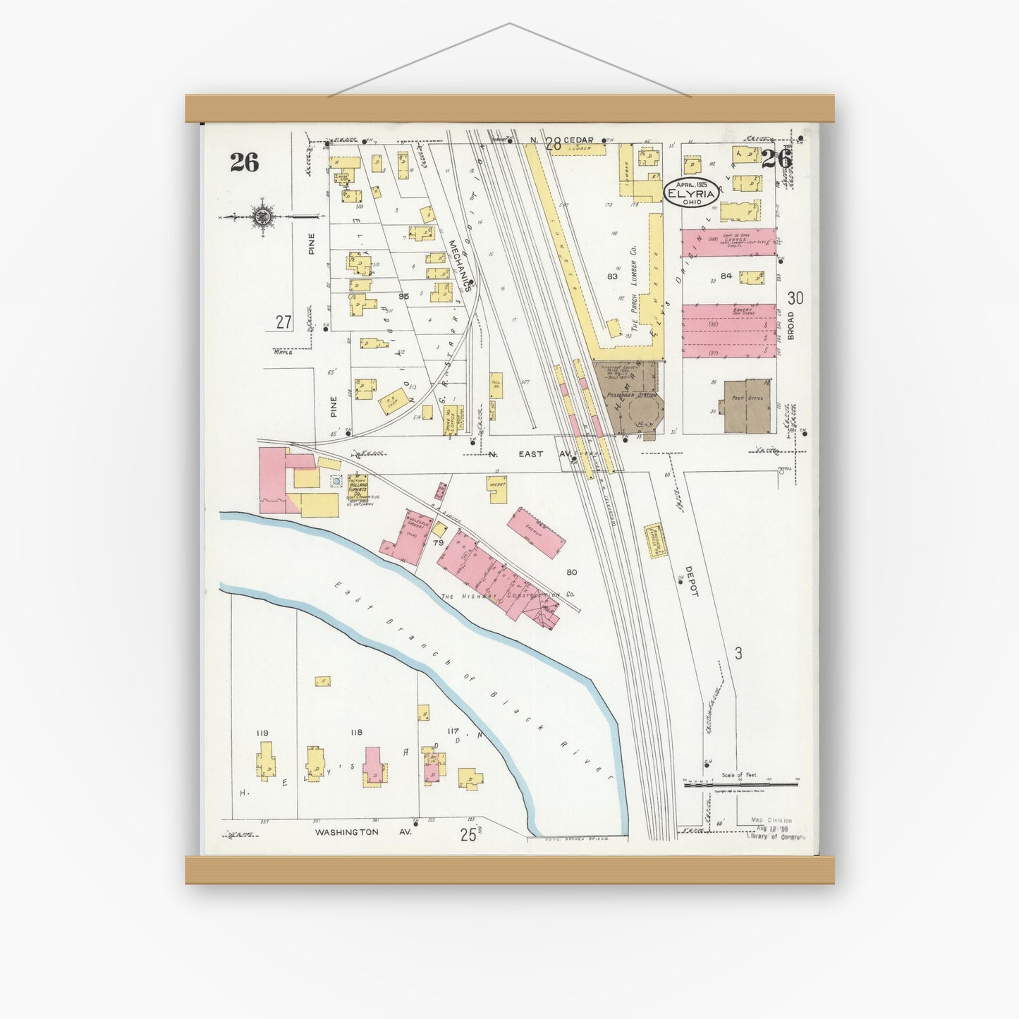 Old map wall art mockup — magnetic wood frame on white wall — Sanborn Fire Insurance Map from Elyria, Lorain County, Ohio (1925), Sheet #0026