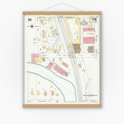 Old map wall art mockup — magnetic wood frame on white wall — Sanborn Fire Insurance Map from Elyria, Lorain County, Ohio (1925), Sheet #0026