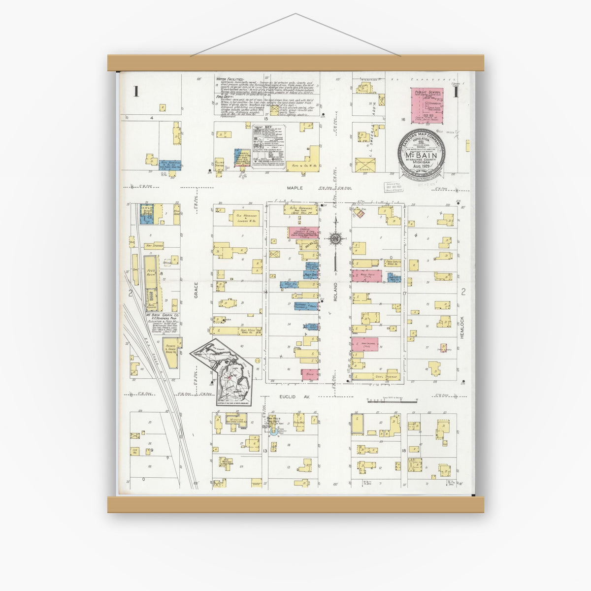 Old map wall art mockup — magnetic wood frame on white wall — Sanborn Fire Insurance Map from Mcbain, Missaukee County, Michigan (1929), Sheet #0001