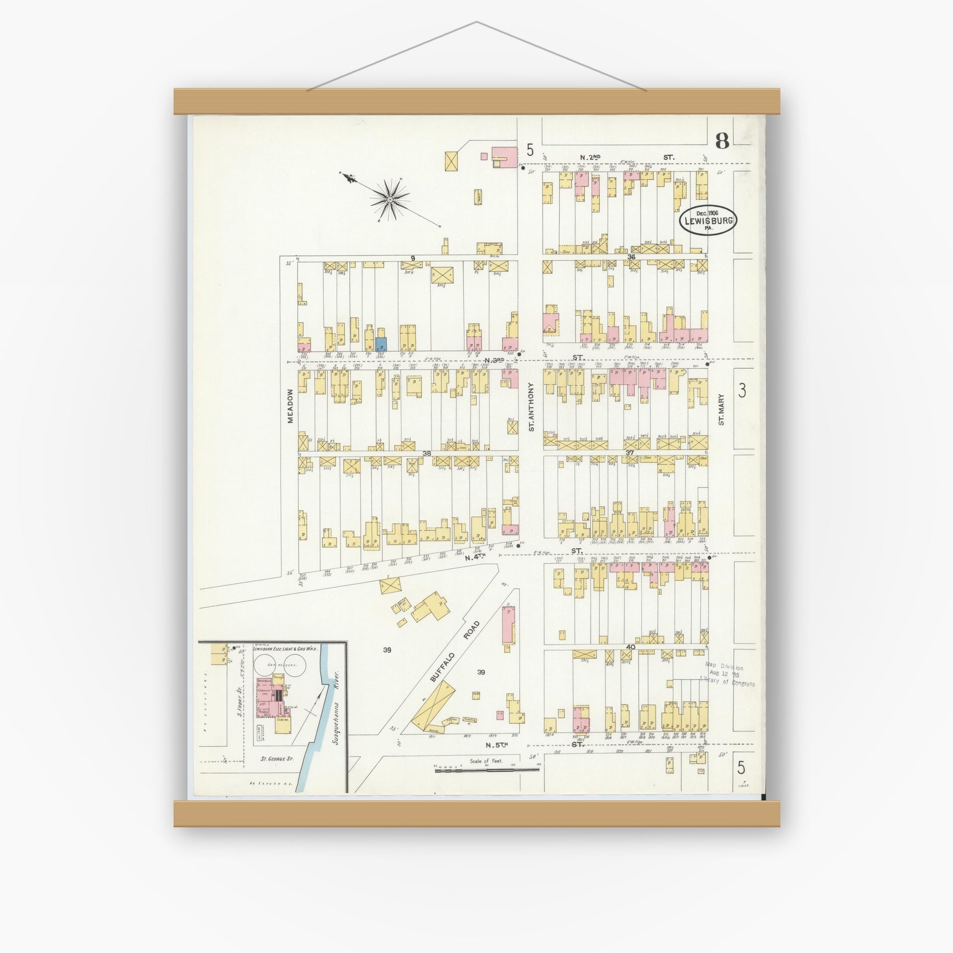 Old map wall art mockup — magnetic wood frame on white wall — Sanborn Fire Insurance Map from Lewisburg, Union County, Pennsylvania (1906), Sheet #0008