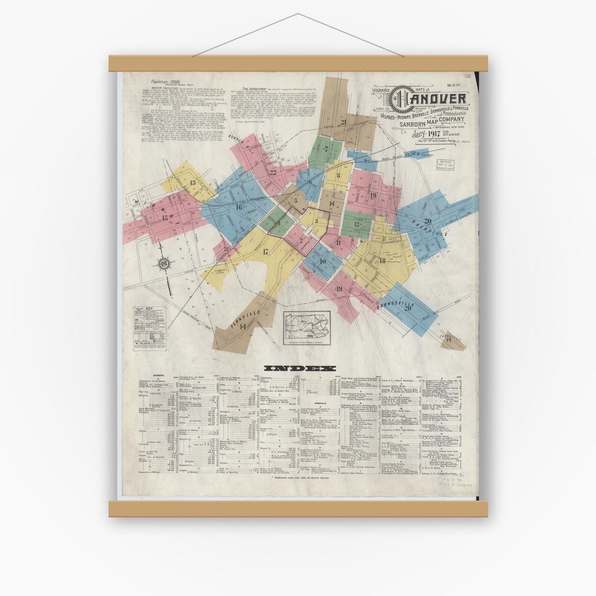 Old map wall art mockup — magnetic wood frame on white wall — Sanborn Fire Insurance Map from Hanover, York County, Pennsylvania (1917), Sheet #0001