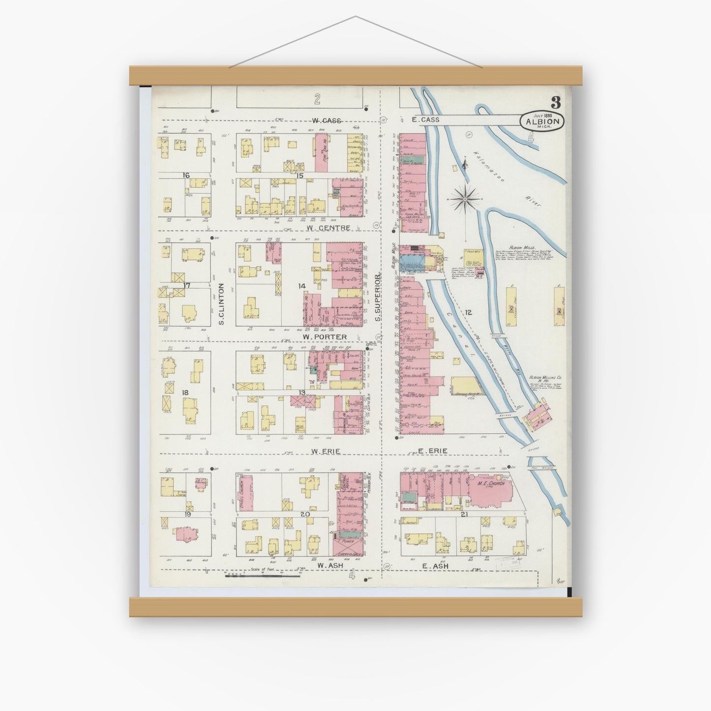 Old map wall art mockup — magnetic wood frame on white wall — Sanborn Fire Insurance Map from Albion, Calhoun County, Michigan (1893), Sheet #0003