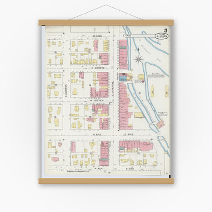 Old map wall art mockup — magnetic wood frame on white wall — Sanborn Fire Insurance Map from Albion, Calhoun County, Michigan (1893), Sheet #0003