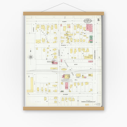 Old map wall art mockup — magnetic wood frame on white wall — Sanborn Fire Insurance Map from Greenfield, Hancock County, Indiana (1900), Sheet #0005