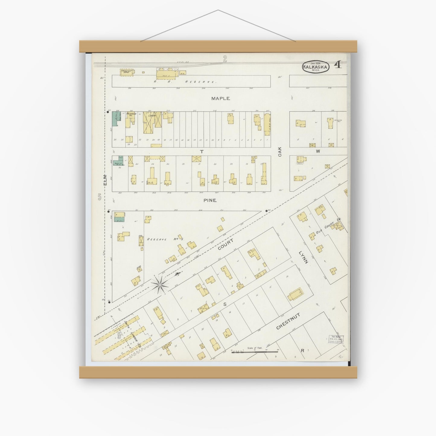Old map wall art mockup — magnetic wood frame on white wall — Sanborn Fire Insurance Map from Kalkaska, Kalkaska County, Michigan (1894), Sheet #0004
