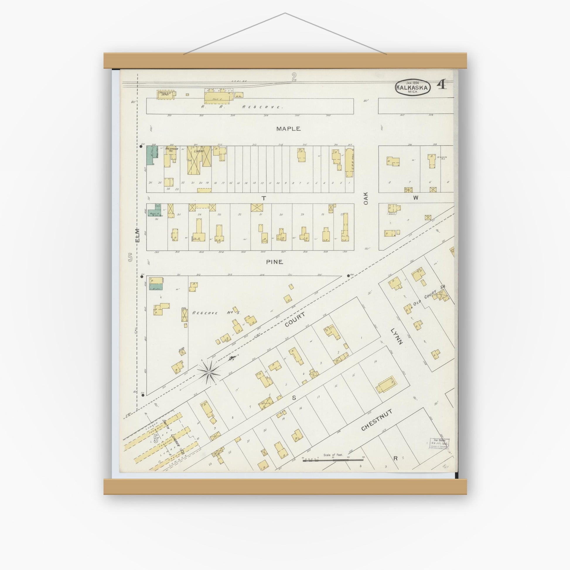 Old map wall art mockup — magnetic wood frame on white wall — Sanborn Fire Insurance Map from Kalkaska, Kalkaska County, Michigan (1894), Sheet #0004