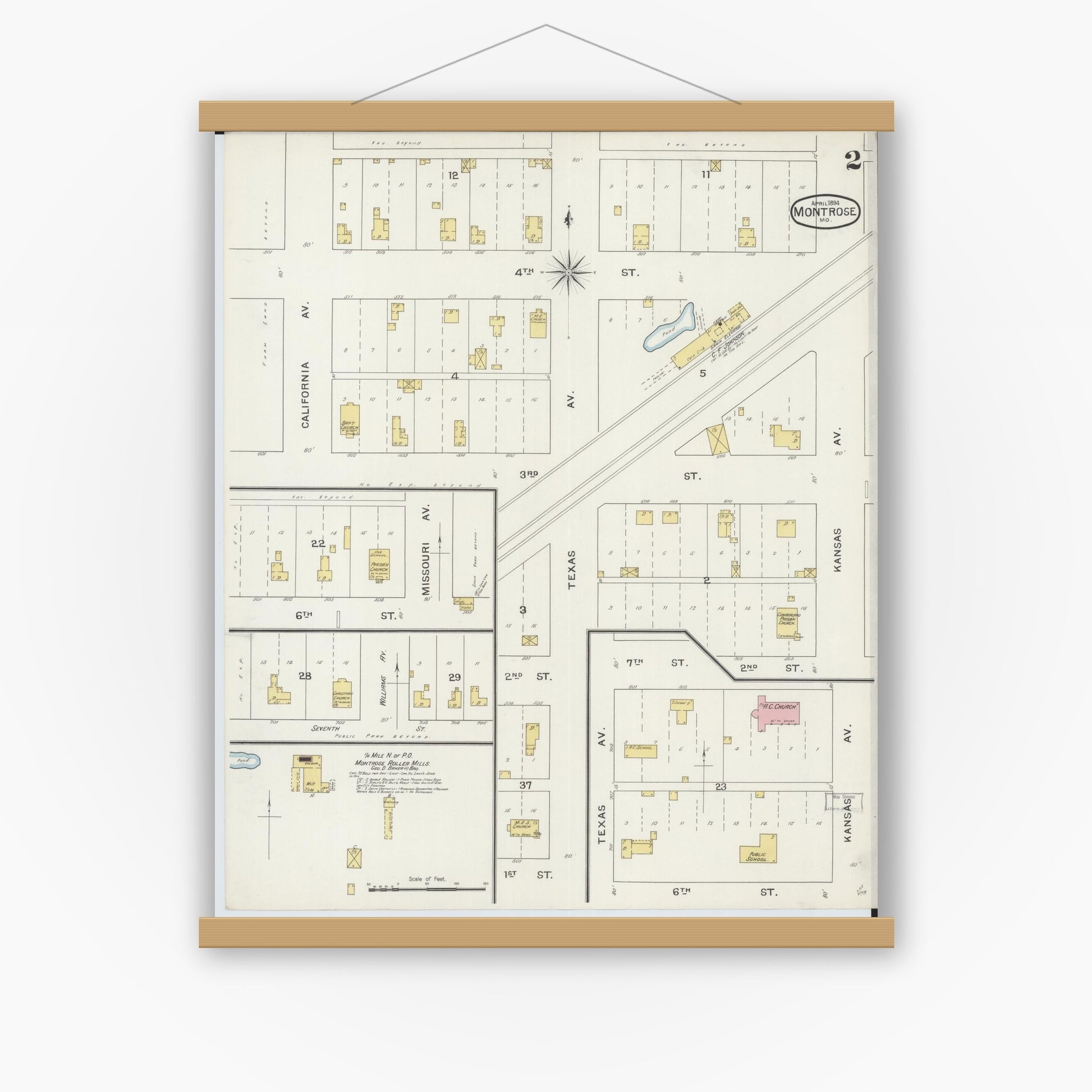 Old map wall art mockup — magnetic wood frame on white wall — Sanborn Fire Insurance Map from Montrose, Henry County, Missouri (1894), Sheet #0002