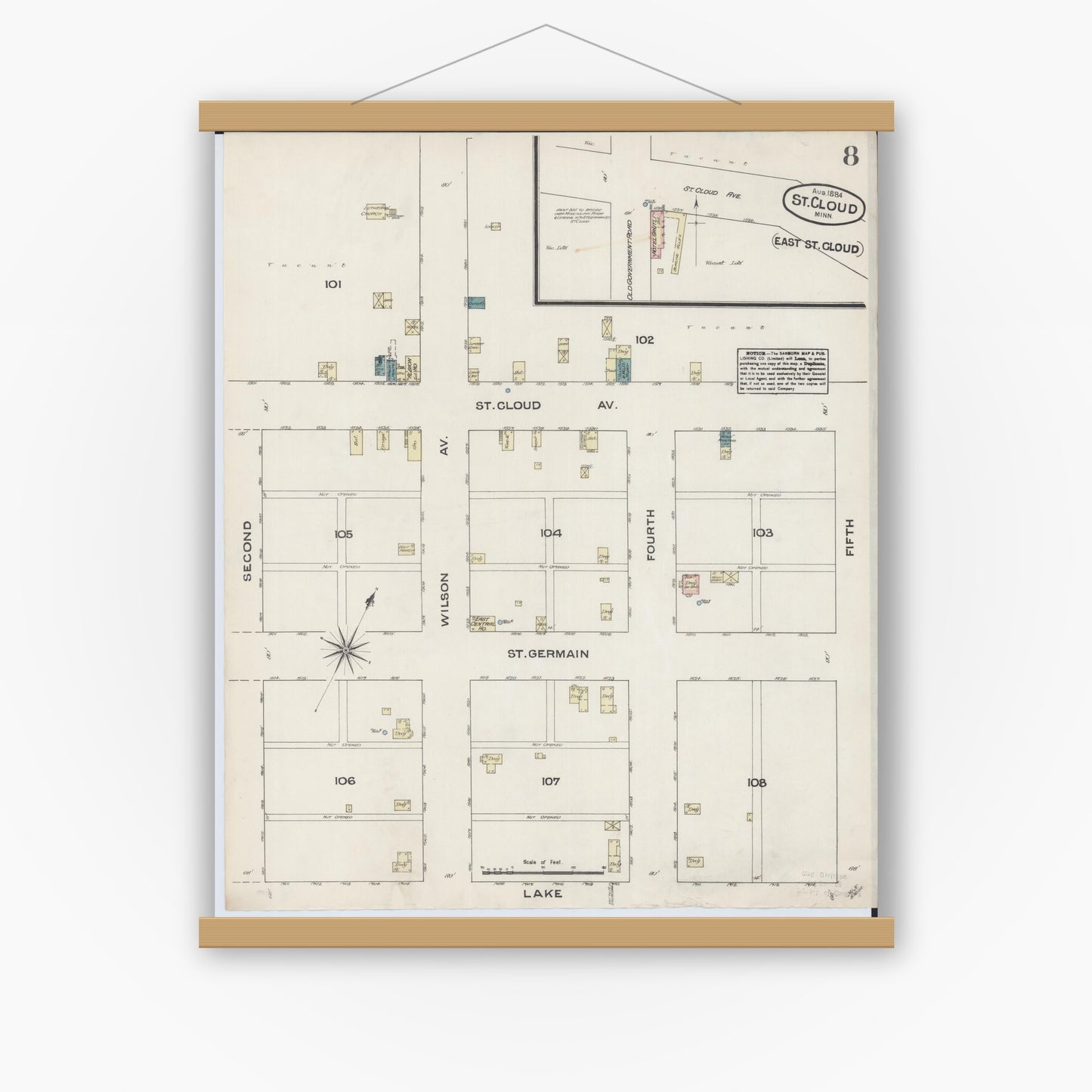Old map wall art mockup — magnetic wood frame on white wall — Sanborn Fire Insurance Map from Saint Cloud, Stearns, Benton, and Sherburne Counties, Minnesota (1884), Sheet #0008