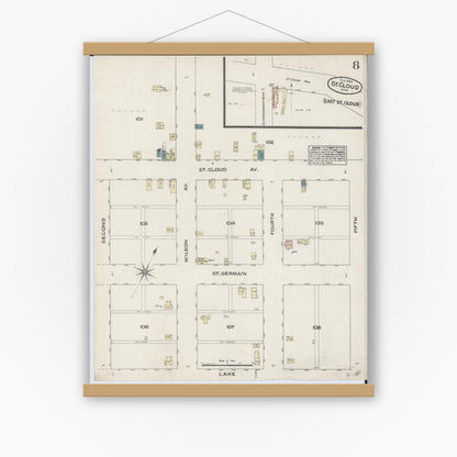 Old map wall art mockup — magnetic wood frame on white wall — Sanborn Fire Insurance Map from Saint Cloud, Stearns, Benton, and Sherburne Counties, Minnesota (1884), Sheet #0008