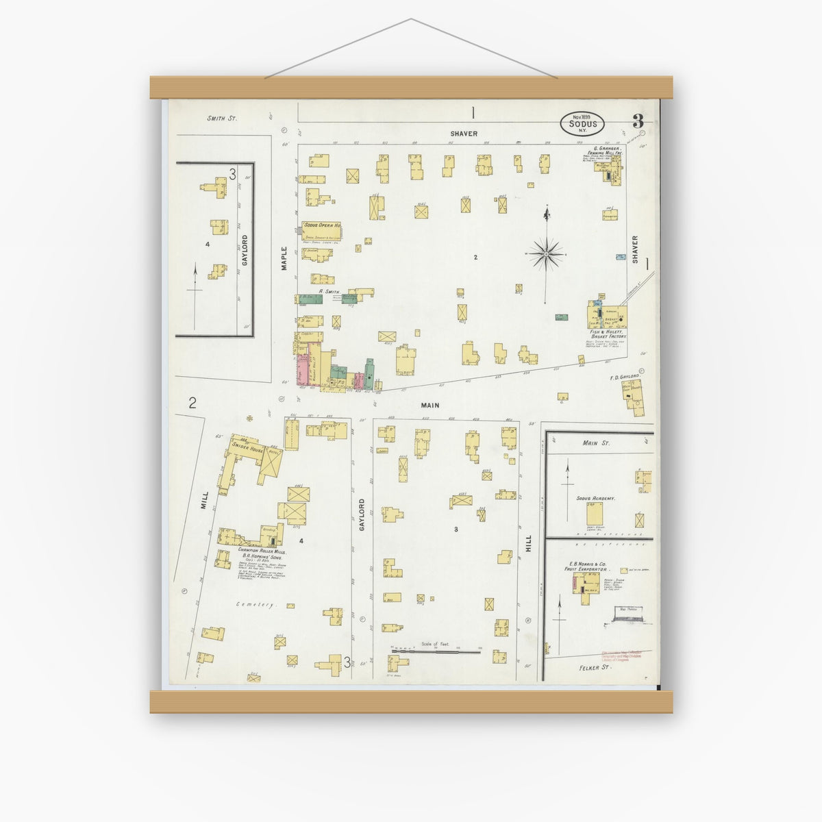 Old map wall art mockup — magnetic wood frame on white wall — Sanborn Fire Insurance Map from Sodus, Wayne County, New York (1899), Sheet #0003