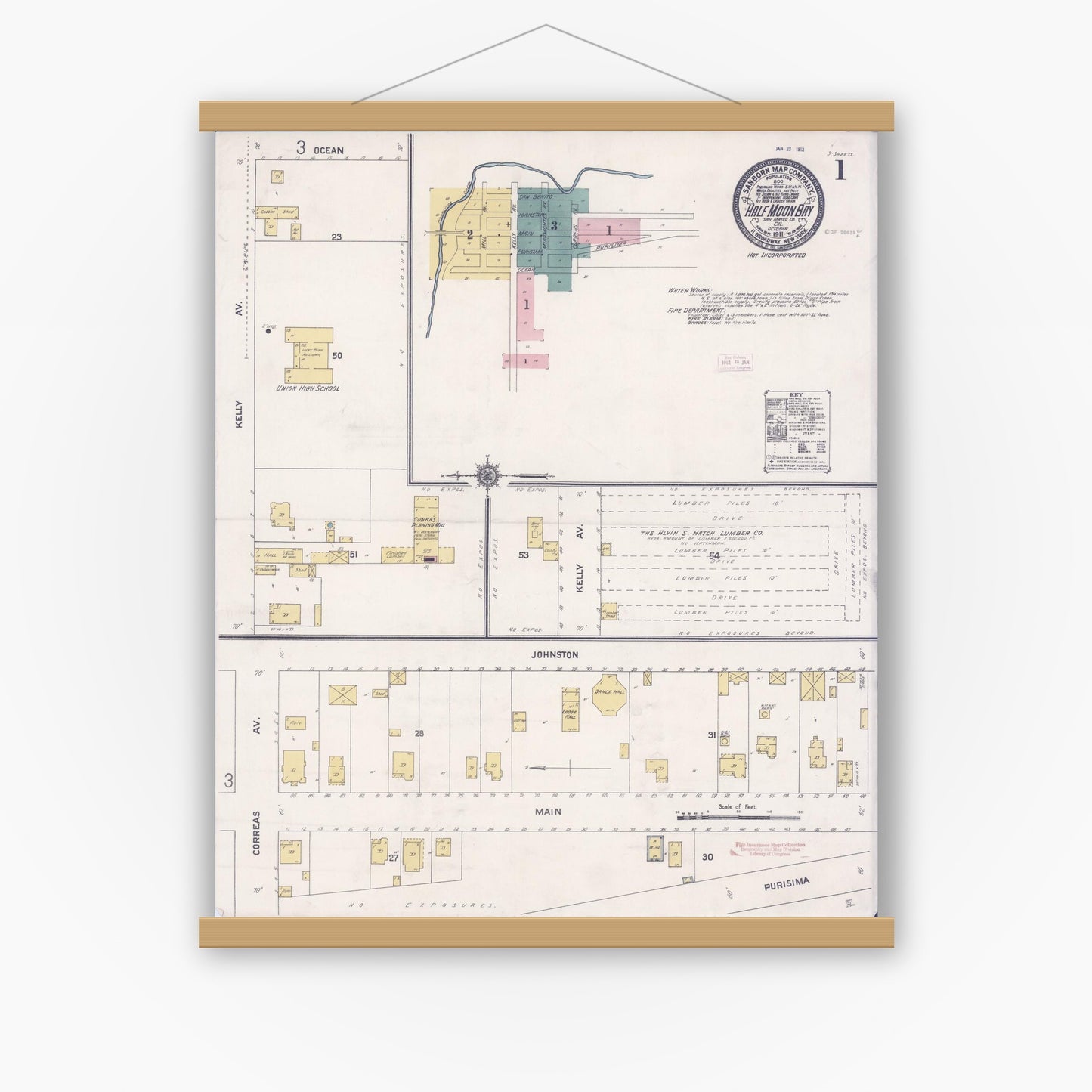 Old map wall art mockup — magnetic wood frame on white wall — Sanborn Fire Insurance Map from Half Moon Bay, San Mateo County, California (1911), Sheet #0001