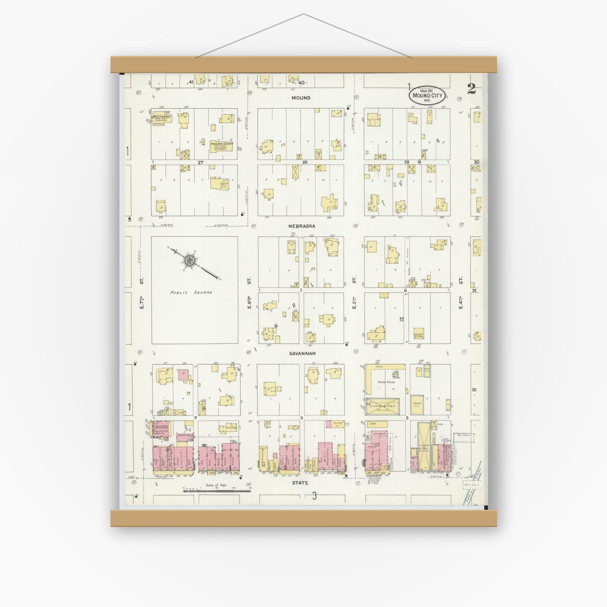 Old map wall art mockup — magnetic wood frame on white wall — Sanborn Fire Insurance Map from Mound City, Holt County, Missouri (1911), Sheet #0002