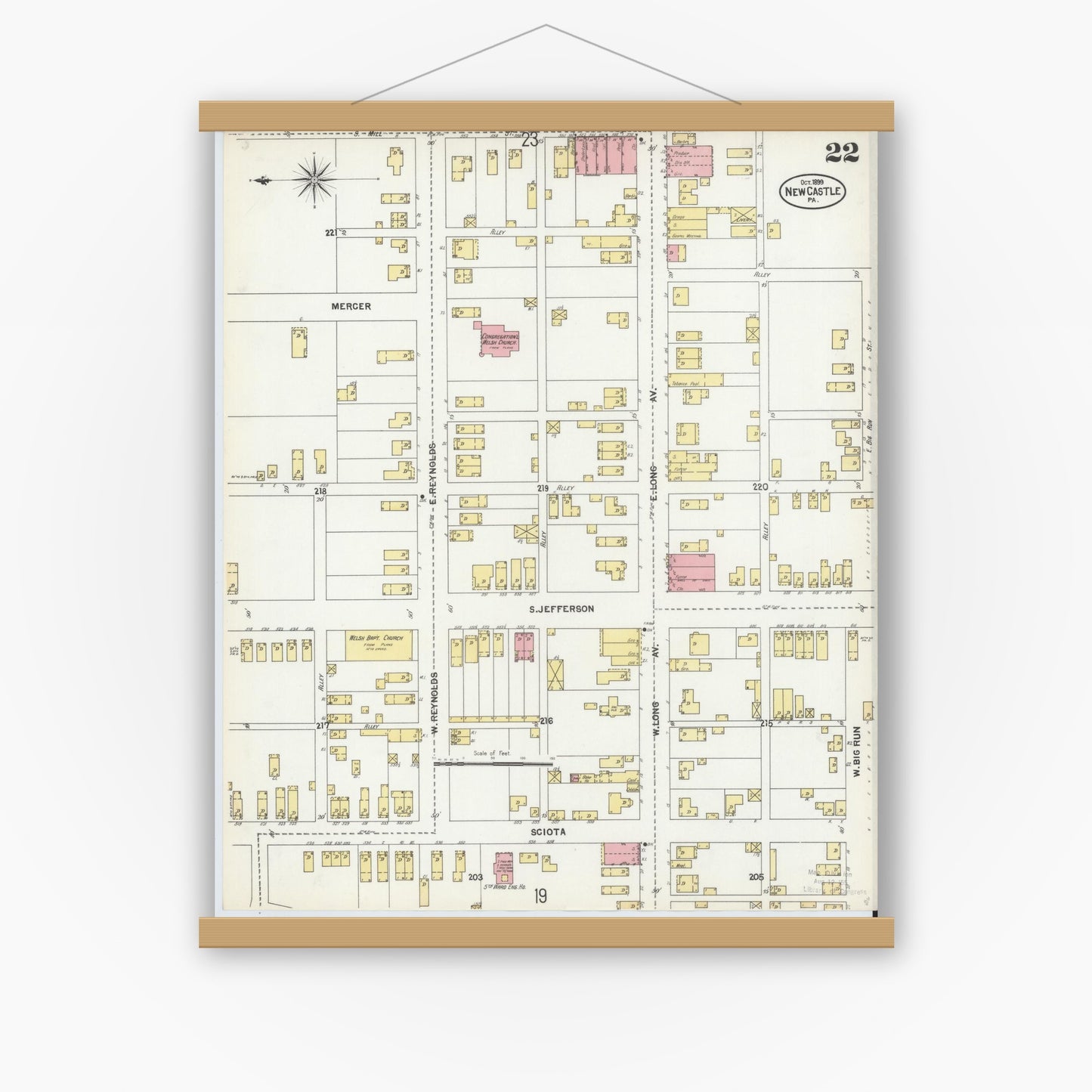 Old map wall art mockup — magnetic wood frame on white wall — Sanborn Fire Insurance Map from New Castle, Lawrence County, Pennsylvania (1899), Sheet #0022