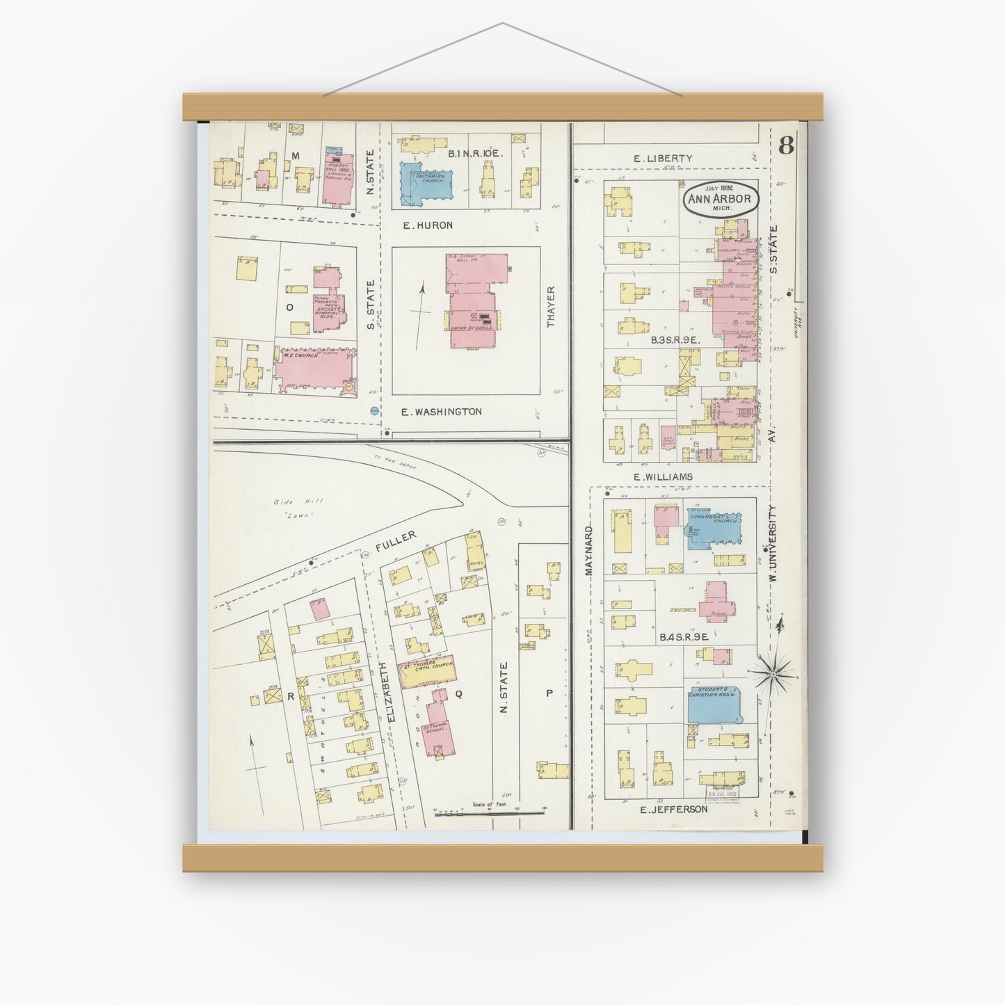 Old map wall art mockup — magnetic wood frame on white wall — Sanborn Fire Insurance Map from Ann Arbor, Washtenaw County, Michigan (1892), Sheet #0008