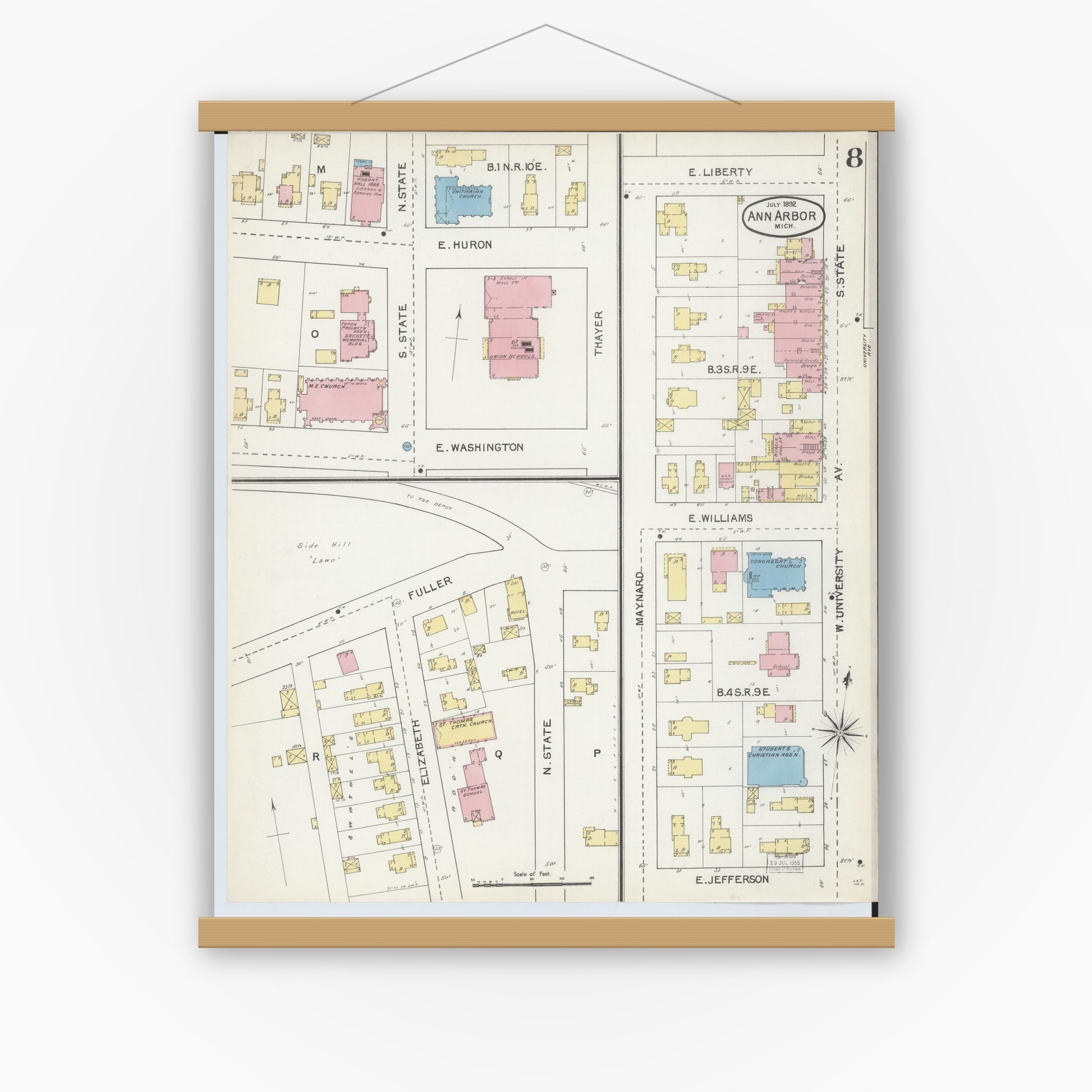 Old map wall art mockup — magnetic wood frame on white wall — Sanborn Fire Insurance Map from Ann Arbor, Washtenaw County, Michigan (1892), Sheet #0008