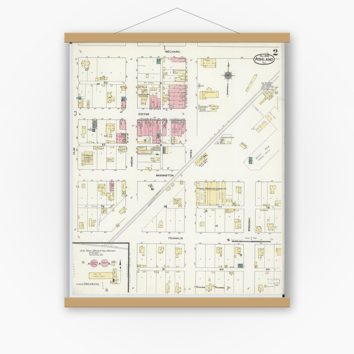 Old map wall art mockup — magnetic wood frame on white wall — Sanborn Fire Insurance Map from Ashland, Cass County, Illinois (1909), Sheet #0002