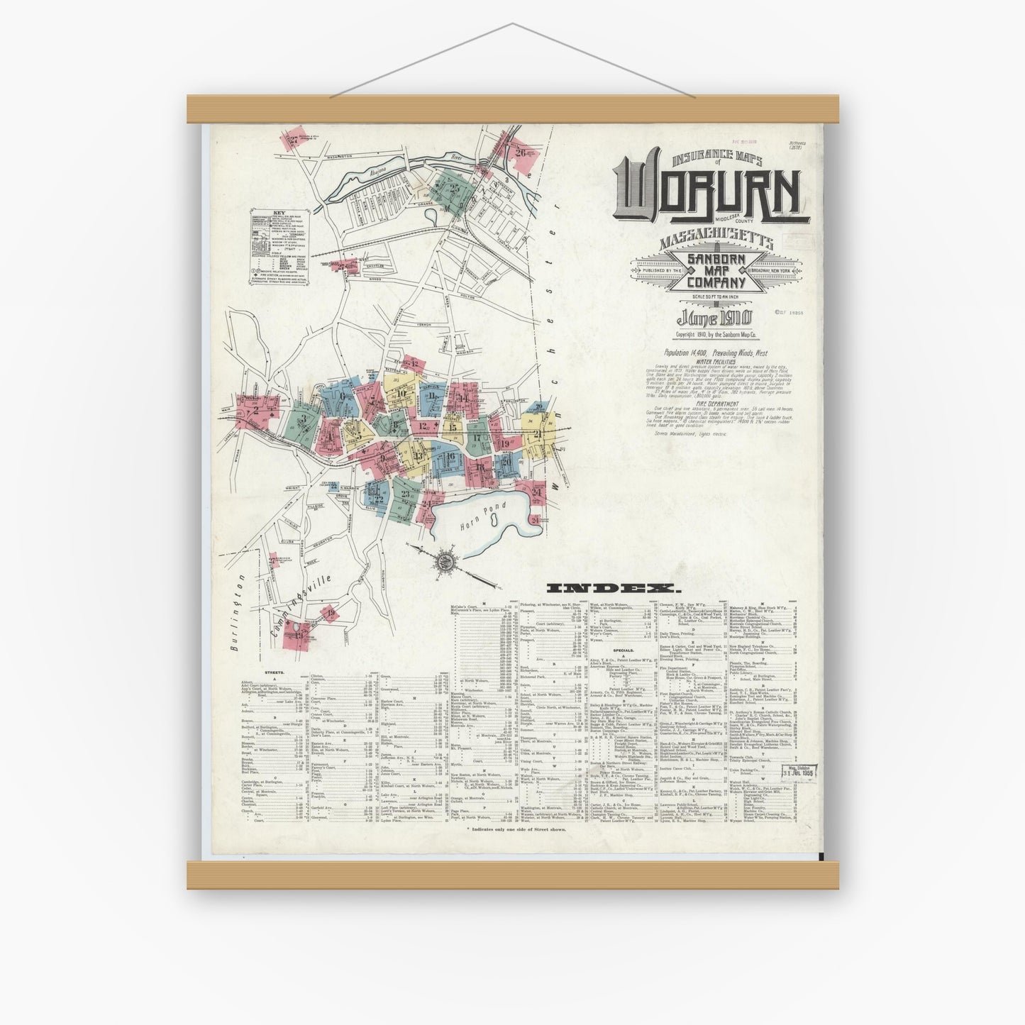 Old map wall art mockup — magnetic wood frame on white wall — Sanborn Fire Insurance Map from Woburn, Middlesex County, Massachusetts (1910), Sheet #0001
