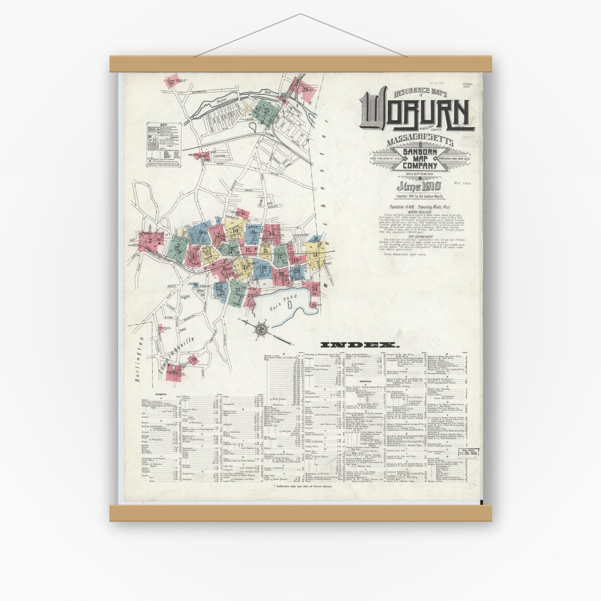 Old map wall art mockup — magnetic wood frame on white wall — Sanborn Fire Insurance Map from Woburn, Middlesex County, Massachusetts (1910), Sheet #0001