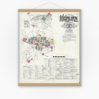 Old map wall art mockup — magnetic wood frame on white wall — Sanborn Fire Insurance Map from Woburn, Middlesex County, Massachusetts (1910), Sheet #0001
