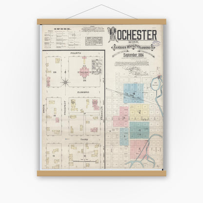 Old map wall art mockup — magnetic wood frame on white wall — Sanborn Fire Insurance Map from Rochester, Olmsted County, Minnesota (1884) - Complete Map Set