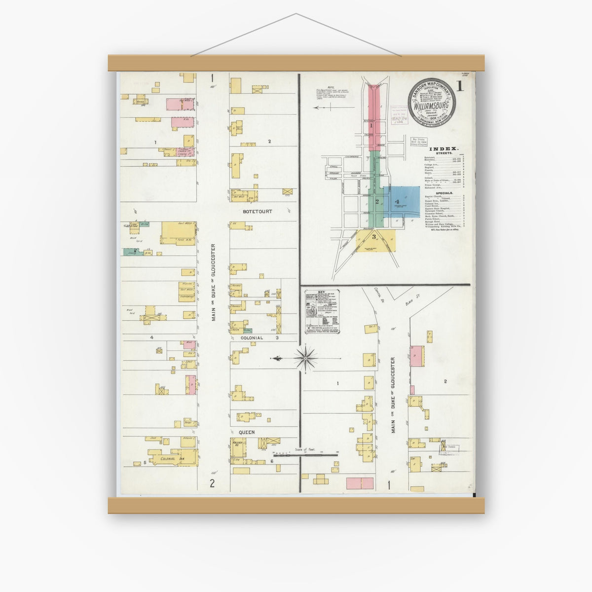 Old map wall art mockup — magnetic wood frame on white wall — Sanborn Fire Insurance Map from Williamsburg, Independent Cities, Virginia (1904) - Complete Map Set